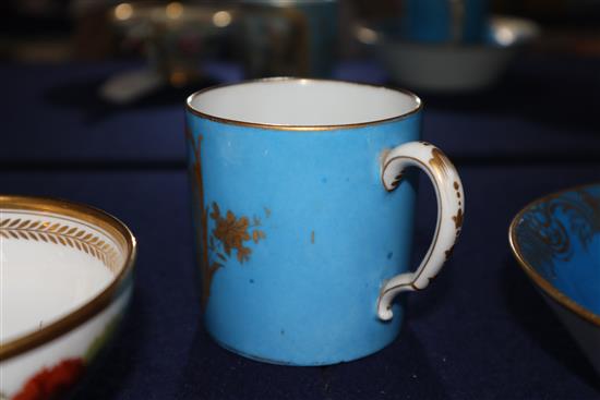 A Sevres style Madame de Genlis bleu celeste coffee can and saucer, a Sevres style coffee can and a Sevres Empire revival tea cup, al